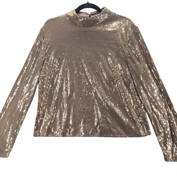 Nine West Tops - Cara Santana Nine West Womens‎ Top XL Bronze Sequin Mock Neck Long Sleeve Party